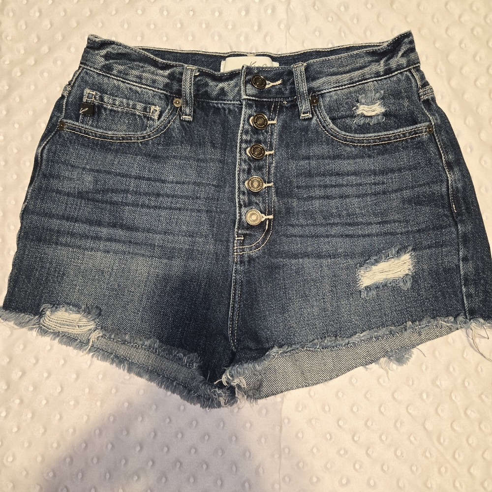 Womens Blue Jeans Shorts Kancan Dark Denim Cut Off High‎ Waist Button Fly Size M